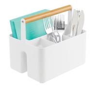 mDesign panier de rangement de cuisine - caisse de rangement portable 4 compartiments en plastique et poignée bois - boite avec poignée idéale comme range couverts ou porte serviette - nature/blanc