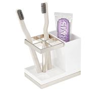 mDesign Porte-Brosse à Dents autoportant - Support de Brosse à Dents avec Espace pour 4 brosses et Dentifrice - Support pour Produits de Soins dentaires - Blanc et Argent Mat