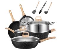 MDHAND Lot de 12 poêles à induction - Revêtement en granit antiadhésif - Noir - Avec poêles à frire, poêles à mélanger et casseroles à soupe pour cuisiner, rôtir et cuisiner