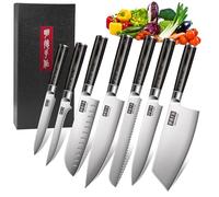 MDHAND Set de 7 Couteaux de Cuisine, Set de Couteaux en Acier Inoxydable de Haute Qualité, Couteau de Cuisine Professionnel avec Lame Tranchante, Manche Ergonomique en Bois Set de Couteaux