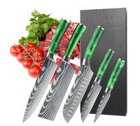MDHANDD 5 Pièces Set Couteau Cuisine Super Aiguisé, Couteaux de Cuisine Professionnel Set en Acier Inoxydable à Haute Teneur en Carbone, Couteaux de Cuisine avec Ergonomique verte résine Poigné
