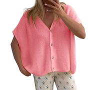 MDKWW Pull à manches courtes pour femme, col en V, boutonné, doux, surdimensionné, décontracté, Rouge, XX-Large