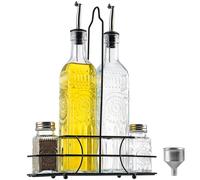 MDLUU Lot de 4 flacons distributeurs d'huile et de vinaigre en verre transparent avec bec hermétique, salière et poivrière avec support, pots à épices et huile, ensemble de 4 pièces (tournesol)