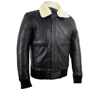 MDM Blouson Moto Homme en Cuir Véritable - Style Aviateur Bomber - Col en Laine de Mouton Amovible - Doublure Thermique Amovible (FR/ES, Alpha/lettres, L, Taille normale, Taille normale, Noir)