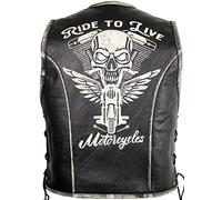 MDM Gilet de motard en cuir pour homme avec une tête de mort en relief., Noir vintage., XL