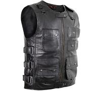 MDM Gilet de motard léger avec de nombreuses poches en cuir nappa d'agneau véritable., Noir , M