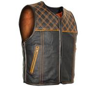 MDM Gilet en cuir pour homme avec cuir perforé, noir avec coutures oranges, noir/orange, L
