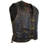 MDM Gilet en cuir vintage homme biker - cuir de vache véritable, tressage double, look usé, 3 boucles métalliques, réglable sur les côtés (FR/ES, Alpha/lettres, TTG, Taille normale, Taille normale)