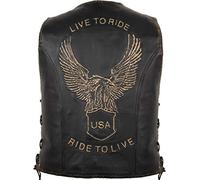 MDM Gilet moto homme en cuir véritable - Motif aigle LIVE TO RIDE - Cuir de vachette avec lacets réglables et 3 boucles métalliques (FR/ES, Alpha/lettres, L, Taille normale, Taille normale, Noir)