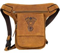 MDM Sacoche de jambe de motard en cuir véritable - Sac de cuisse vintage - Motif tête de mort - Bloc moteur gaufré, cognac, Standard, Moto Biker