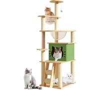 Mdpetpops Arbre à Chat d'intérieur - Niche à Plusieurs Niveaux avec 2 Bols, 1 Maison, 2 perchoirs, 1 échelle, 1 Pompon, Poids supporté : 15 kg (Vert N3)