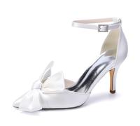 Mdrcg Escarpins à Talons Aiguilles en Satin pour Femme Modèle à Bout Pointu, Bride Cheville ornée d'un Grand nœud et d'une Boucle en Strass,Blanc,39 EU