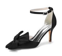 Mdrcg Escarpins à Talons Aiguilles en Satin pour Femme Modèle à Bout Pointu, Bride Cheville ornée d'un Grand nœud et d'une Boucle en Strass,Noir,39 EU
