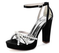 Mdrcg Sandales de Mariage pour Femme à Plateforme et Talon carré, ornées de Perles Chaussures de mariée en Satin à Bout Ouvert et Bride Cheville, bals et cérémonies.,Noir,42 EU