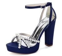 Mdrcg Sandales de Mariage pour Femme à Plateforme et Talon carré, ornées de Perles Chaussures de mariée en Satin à Bout Ouvert et Bride Cheville, bals et cérémonies.,Bleu,36 EU
