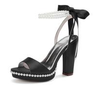 Mdrcg Sandales de Mariage pour Femme en Satin à Talons Blocs et Plateforme, avec Bride Cheville perlée, nœud et Bout Ouvert Idéales pour cérémonies
