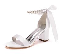 Mdrcg Sandales Satin Talon Carré Perles Bride Cheville Noeud Ruban | Sandales de mariée en satin, chaîne de perles amovible et nœud ruban, bout ouvert pour cérémonies