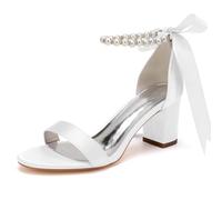 Mdrcg Sandales Satin Talon Carré Perles Bride Cheville Noeud Ruban | Sandales de mariée en satin, chaîne de perles amovible et nœud ruban, bout ouvert pour cérémonies