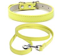 Mdurian Ensemble combiné de Laisse en Cuir véritable Collier de Chien de Couleur Unie Sûr et Confortable Colliers de Harnais de Taille réglable pour Petit Chien de Taille Moyenne (Jaune Clair, M)