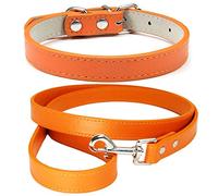 Mdurian Ensemble combiné de Laisse en Cuir véritable Collier de Chien de Couleur Unie Sûr et Confortable Colliers de Harnais de Taille réglable pour Petit Chien de Taille Moyenne (Orange, L)