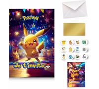 Mdy-Lot De 10 Cartes D'invitations Anniversaire Pika Je T'invite - Kit Fête Avec 10 Stickers, 10 Autocollants Dorés À Gratter (Lieu Mystère), 10 Enveloppes Blanches Et 1 Carte Quizz