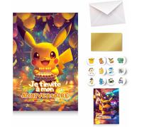 Mdy-Lot De 10 Cartes D'invitations Anniversaire Pika - Kit Fête Avec 10 Stickers, 10 Autocollants Dorés À Gratter (Lieu Mystère), 10 Enveloppes Blanches Et 1 Carte Quizz Interactive