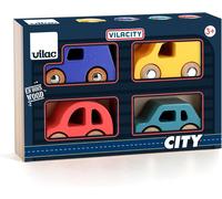 MDY-VILAC - Coffret de 4 Voitures City - Voiture et Garage en Bois - 4 Voitures en Bois modèle City - Jeux d'Eveil pour Enfant en Bois - Jouet pour Enfant Dès 3 Ans - 2370