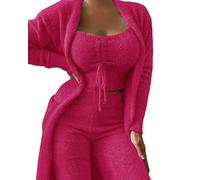 MdybF Pyjama Femme Ensembles Assortiels pour Femmes Automne-Pyjamas en Peluche Hivernale-Rose Rouge (Pantalon Long)-S