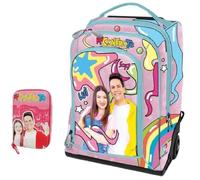 Me contro Te Trolley Sac à dos rose jaune avec lumières + trousse One Time Zip + porte-clés sifflet + bracelet pendentif ange + 10 stylos pailletés