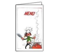 ME5022 LOT de 6 MENUS GASTON LAGAFFE de Franquin 17x10cm format fermé - 17x20cm format ouvert intérieur blanc - Papier cartonné plié en 2 - Licence officielle