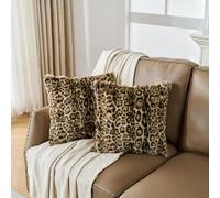 MeadowSky Lot de 2 housses de coussin en fausse fourrure de lapin dense, confortables, super douces, pelucheuses, coussins décoratifs pour canapé, chambre à coucher, marron léopard, 45,7 x 45,7 cm
