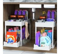 MEAFBIRD Lot de 2 organisateurs sous l'évier, organiseur de placard de salle de bain à 2 niveaux avec panier coulissant, organisateurs multi-usages sous l'évier et rangement pour salle de bain et