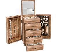 Meangood Grande boîte à bijoux en bois pour Wowen - Grande boîte de rangement à 5 couches avec miroir et 4 tiroirs pour bagues, boucles d'oreilles, colliers - Bois torché de style vintage