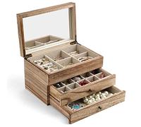 Meangood Grande boîte à bijoux pour femme, grande boîte de rangement à bijoux en bois rustique avec miroir et plateau à bagues pour collier, boucles d'oreilles, bracelets, bagues, style vintage (noir