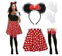 Meanju Déguisement Souris Pour Femme Avec Bandeau à Paillettes Blanches + Jupe Plissée + Bas Au-dessus du Genou + Gants Pour Fête Costumée, Déguisement, Fête de Carnaval (S) Rouge
