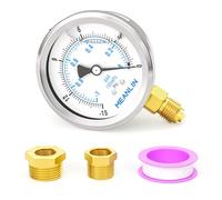 MEANLIN MEASURE -1~0BAR/-15~0PSI Manomètre à cadran en acier inoxydable 1/4"BSP 2.5" WOG Water Oil Air Montage inférieur,avec douille hexagonale 1/4"x 1/2" BSP et 1/4"x 3/8" BSP