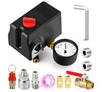 MEANLIN MEASURE Soupape de commande du pressostat du compresseur d'air 120-155 PSI 110V-240V Pièces de rechange pour port latéral à 4 voies avec manomètre 0-14 bar et soupape de sécurité