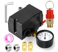 MEANLIN MEASURE Vanne de commande du pressostat du compresseur d'air 9.3~12 Bar/135-175 PSI 110V-240V Pièces de rechange à 4 voies avec manomètre 0~14Bar et soupape de sécurité