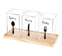 Meanplan Acrylic Utensil Organizer for Countertop Clear Silverware Caddy Countertop Spoon and Fork Holder Flatware Caddy Cutlery Holder with Wooden Tray for Kitchen Storage, Dining Room (Rectangle)