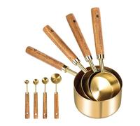 Measuring Cups and Spoons Set, Accurate Steel Cups, 8 Pieces Tools with Timber Grip, Polished Metal Sifter, Stackable Volume Kit with Engraved Scale, Kitchen Spoon for Liquid and Powder,