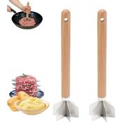Meat Chopper for Ground Beef, 11 Inch 304 Stainless Steel Ground Meat Masher with 6 Curved Blades & Anti-Slip Wooden Handle, Heat Resistant Hamburger Smasher Tool for Potatoes, Jam & Fruits (2pcs)
