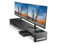 meatanty Support double écran 3 en 1 avec 2 tiroirs de rangement, 1 module de chargement sans fil et 4 ports USB, support d'écran d'ordinateur en métal pour le transfert de données et le chargement