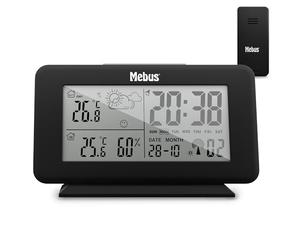 MEBUS digitale Funk Wetterstation mit Außensensor, Thermometer innen/aussen, Temperatur, batteriebetrieben, Wettervorhersage, Farbe: Schwarz, Modell: 40689