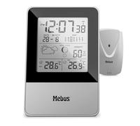 MEBUS Funkgesteuerte Wetterstation mit Außensensor, Thermometer, Hygrometer (außen), Funkuhr, Wohlfühlindikator Raumklima, Wettervorhersage mit Symbolen, Mondkalender, Farbe: Silber, Modell: 40652
