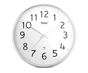 Mebus Moderne Funk-Wanduhr mit Metallgehäuse, Farbe Weiß-Silber, Modell 52680