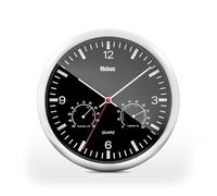 Mebus Horloge murale 56731 à quartz, thermomètre et hygromètre, 25 cm, cadre argent cadran noir