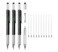 MECCANIXITY Lot de 3 stylos multifonctions 6 en 1 en aluminium pour homme avec stylo à bille, règle, tournevis, stylet, jauge de niveau, recharges pour Noël, noir