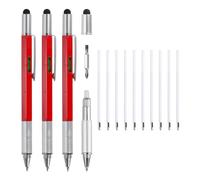 MECCANIXITY Lot de 3 stylos multifonctions 6 en 1 en aluminium pour homme avec stylo à bille, règle, tournevis, stylet, jauge de niveau, recharges pour Noël, rouge