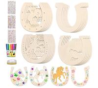 Mecctuck 24 fers à cheval en bois pour travaux manuels, fers à cheval en bois, disques en fer à cheval en forme de découpe inachevés avec strass autocollants aquarelle ruban à paillettes pour enfants