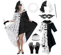 Mecctuck 7 Pièces Cruella Deguisement Femme, Costume Halloween, Déguisement Halloween Femme avec Perruque Noir Blanc, Accessoire Annee 20, Cruella Deguisement pour Halloween Carnaval Cosplay